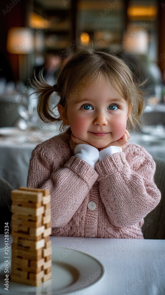 Fototapeta premium Young girl smiles while sitting at a table with a wooden block tower in a bright indoor setting