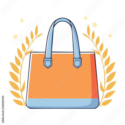 Orange and blue tote handbag with decorative leaves
