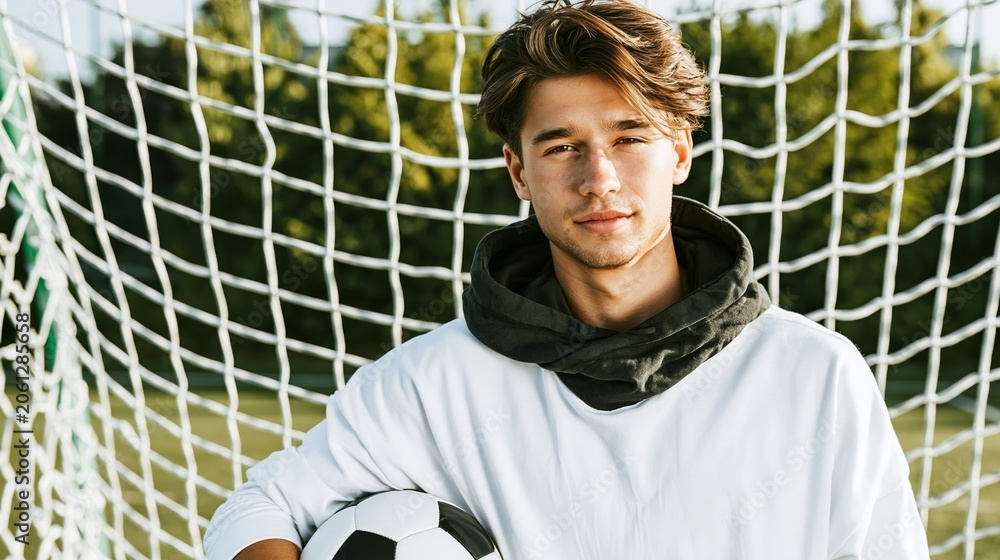 Naklejka premium Young male soccer player standing by goal net, holding football, reflecting sport passion and determination