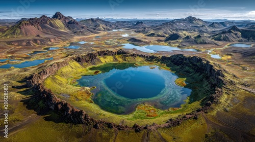 Aerial view of a vibrant volcanic crater with a turquoise lake and mountains