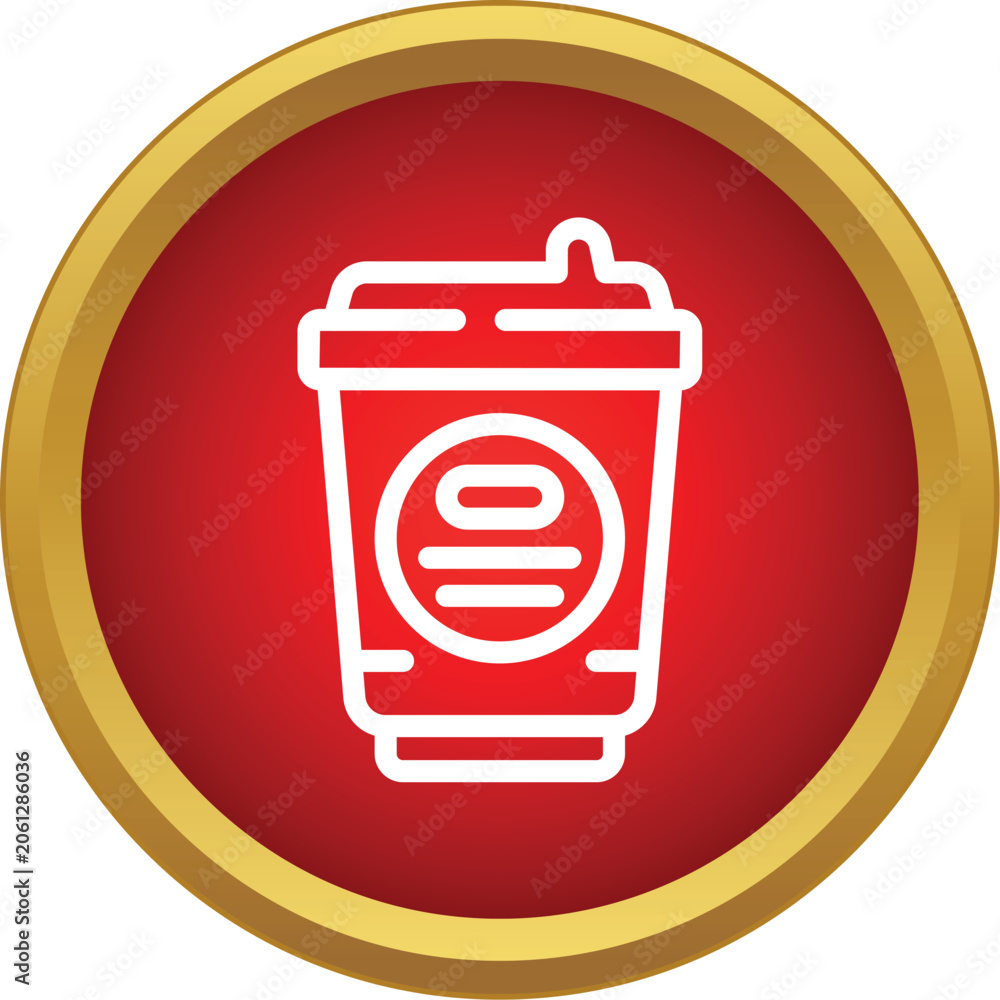 Obraz premium Outline icon representing a takeaway coffee cup in a red circle with gold border