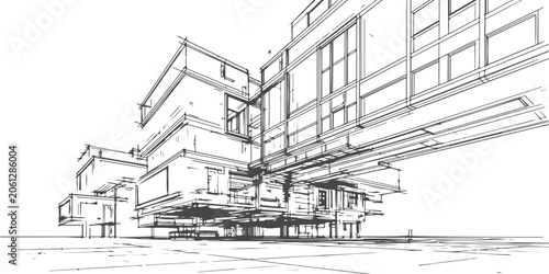 Architectural sketch of a modern building with geometric shapes and minimalist lines