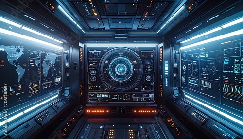 Futuristic control room interior technology.