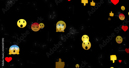 Social Media Emoji Market Growth Background with Floating Particles. Social media emoji particle moving BG for Data Exchange, Digital Communication, live-stream, live chat, and Live-style.