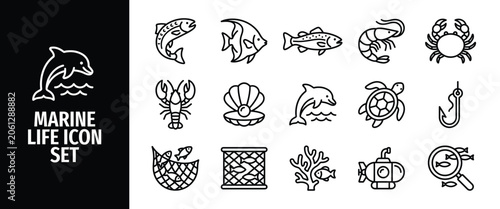Photography Marine life icon set, sea animals and fishing equipment, vector illustration