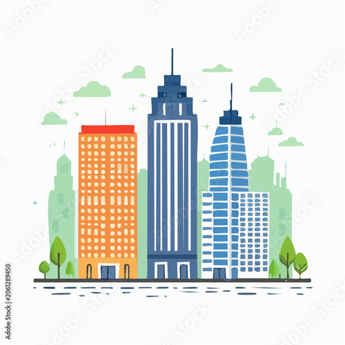 Flat illustration of a city skyline with skyscrapers and clouds