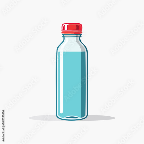 Illustration of a clear bottle with blue liquid and red cap