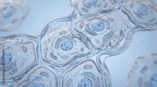 3D Illustration of Microscopic Biological Cells with Visible Organelles and Intercellular Fluid Connections