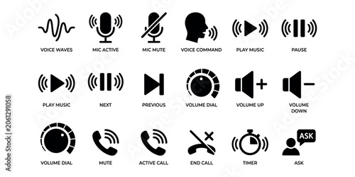 Collection of simple black silhouette icons for sound and communication functions against a white background