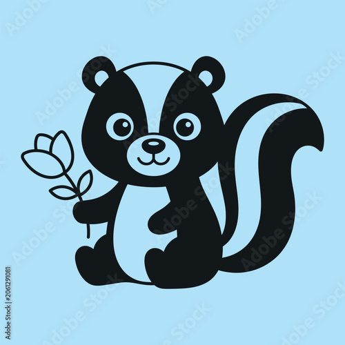 Cute skunk silhouette holding a flower in a simple flat design with a light blue background