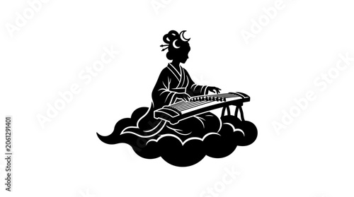 Konstfotografi Silhouette of a Japanese woman playing a traditional koto instrument on a cloud