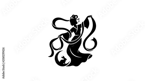 Fotografía Minimalist black silhouette of Chang E goddess with a rabbit on the moon