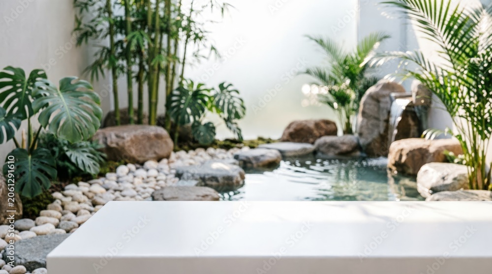 Fototapeta premium Tropical Garden with Water Feature and White Podium for Product Display