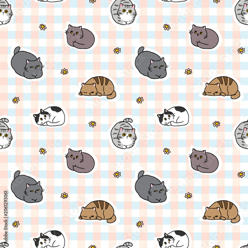 Seamless Pattern with Cute Cartoon Cat Design on Pastel Plaid Background. Hand Drawn Vector Illustration.