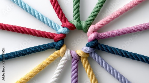 Colorful ropes knotted together in a circle isolated on white background