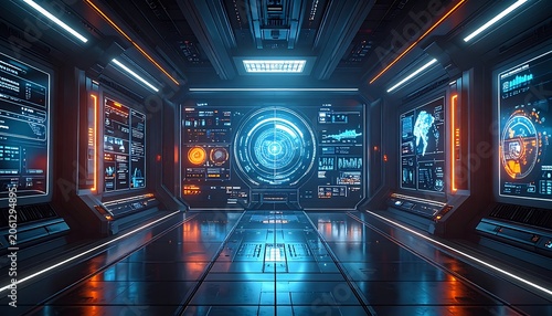 Futuristic control room with screens.