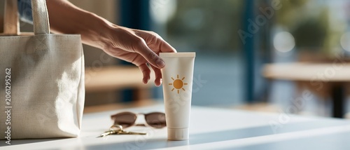 Hand holding sunscreen tube near bag