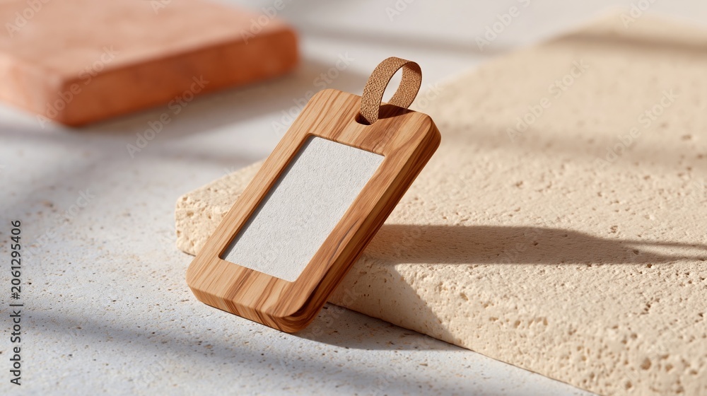 Fototapeta premium Wooden luggage tag with leather strap