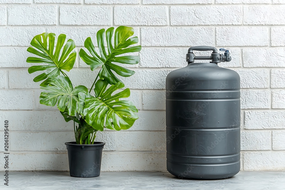 Obraz premium Modern Indoor Green Plant with Large Leaves Next to Black Gas Cylinder Against White Brick Wall