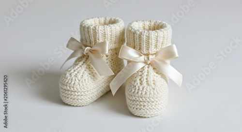 Cream knitted baby booties beautifully lit with soft light cute and cozy with decorative satin bows. AI Generated