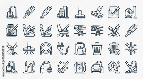 Monochrome line art symbol for professional car interior cleaning service featuring a sleek vacuum nozzle with dust particles and automotive detailing elements in minimalist style