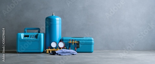 Blue HVAC refrigerant recovery equipment set