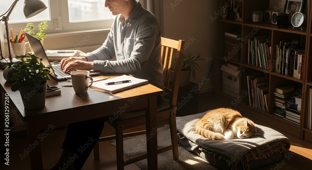Fototapeta premium Man working on laptop at home desk with cat sleeping nearby, natural light