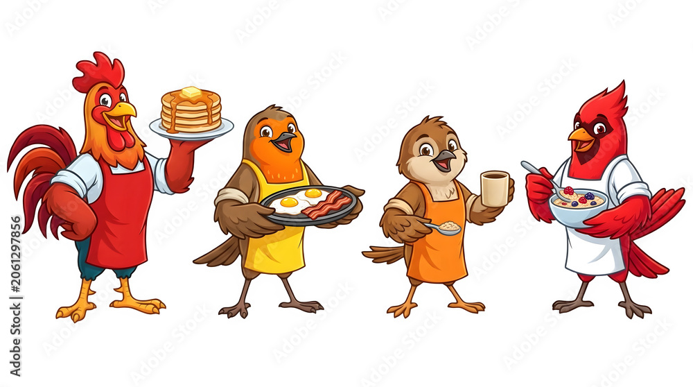 Obraz premium Cartoon birds serving breakfast food items isolated on transparent background