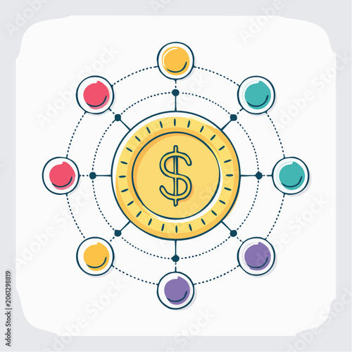 Financial Network Concept with Dollar Coin and Connected Circles