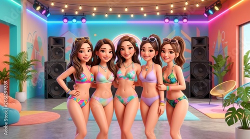 Group of Women Dancing in Colorful Bikinis at a Vibrant Party Scene