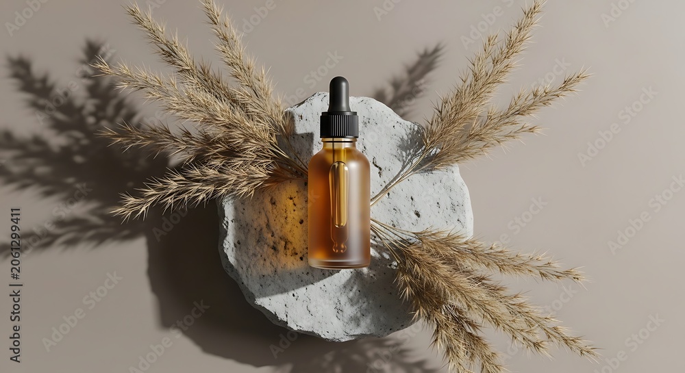Fototapeta premium Top view of matte glass dropper bottle with facial serum or essential oil on natural stone podium with dry reed grass on beige backgrounds. Facial serum, essential oil for care of women's skin, mockup