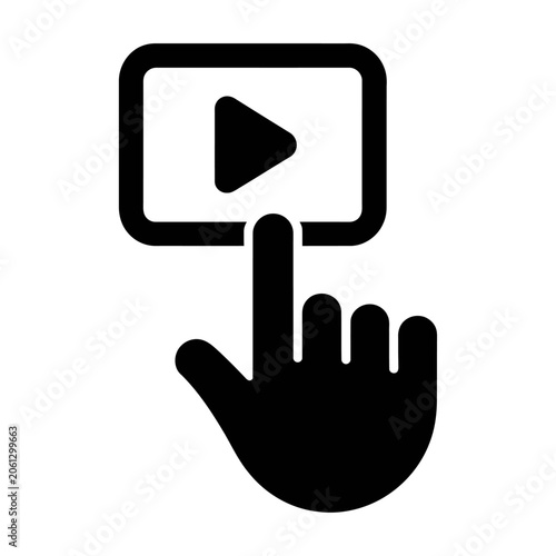 Hand pressing play button on digital screen interface simple vector icon design