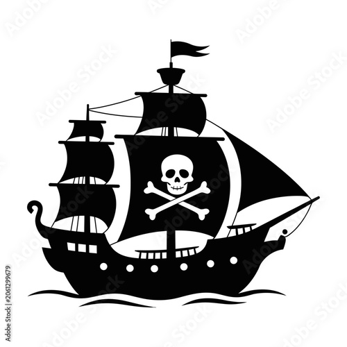 Pirate ship with skull and crossbones flag silhouette vector for adventure