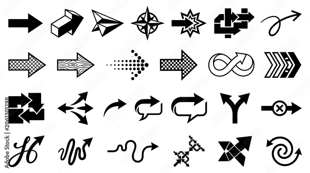 Naklejka premium A Comprehensive Collection of Diverse Arrow Icons, Featuring Directional Symbols, Navigation Elements, and Creative Graphic Designs
