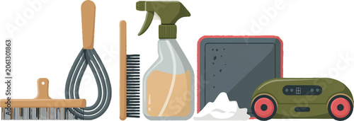 Foto Cleaning household tools set with spray bottle and scouring brush alongside sponges and maintenance supplies on transparent field