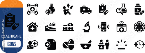 Medical healthcare hospital emergency vector icons. ambulance icon set, hospital icon set, pills icon set