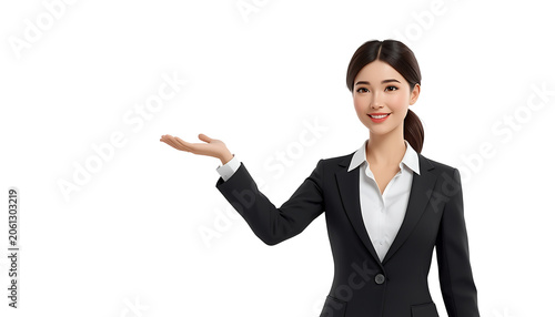 Businesswoman presents a product with her open hand while smiling at the camera in the studio area.