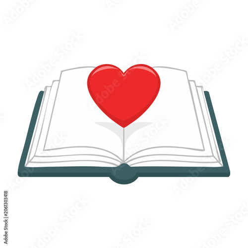 Open book with red heart on white background