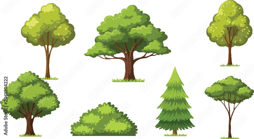 Fototapeta premium Set of six different green trees isolated icons