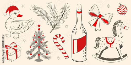 Obraz na plátně Holiday Elements Collection Hand Drawn Vector Illustration With Red Accents