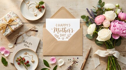 Beautiful Flat Lay Composition Celebrating Mother's Day with Blooms and Presents