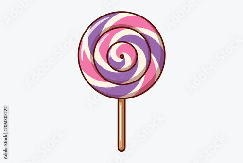 Sweet round lollipop with a colorful swirl of pink purple and white stripes on a wooden stick against a plain gray background.