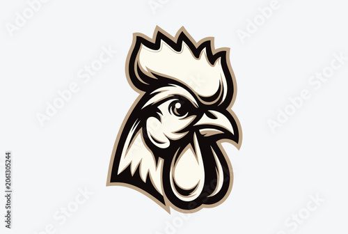 Bold graphic illustration of a rooster head with a sharp eye and prominent comb designed as a mascot or sports logo emblem.