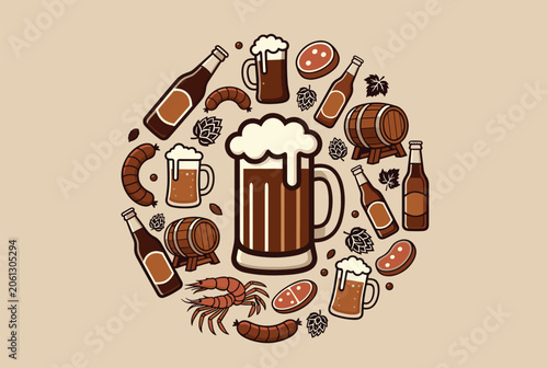 Festive circular composition featuring elements of beer culture like mugs bottles barrels pretzels sausages and green hops.