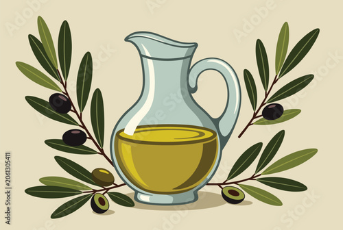 Glass pitcher filled with golden olive oil surrounded by decorative green olive branches with ripe black and green fruit.