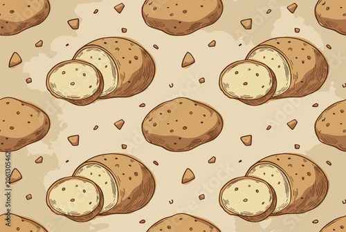 Seamless pattern background featuring hand drawn whole potatoes and slices with small pieces on a warm beige background.