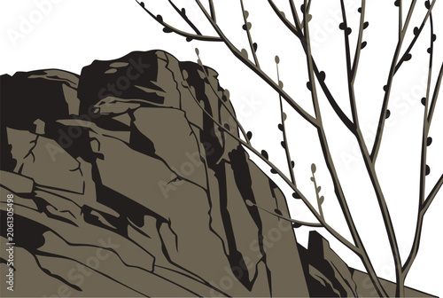 Artistic illustration of a massive rocky cliff face with delicate budding branches in the foreground against a white sky.
