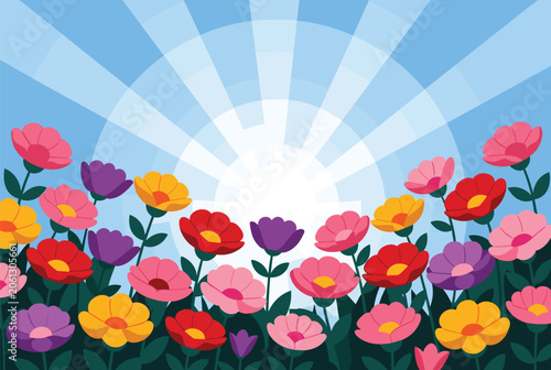 Vibrant field of colorful flowers blooming under a bright radiant sun with rays of light stretching across a blue sky.