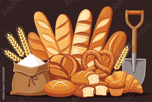 Abundant collection of various artisanal breads wheat stalks a sack of flour and a metal shovel against a dark background.