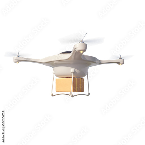 Konstfotografi Futuristic studio low-angle shot of a sleek white autonomous delivery drone in mid-flight, carrying a cardboard parcel box underneath